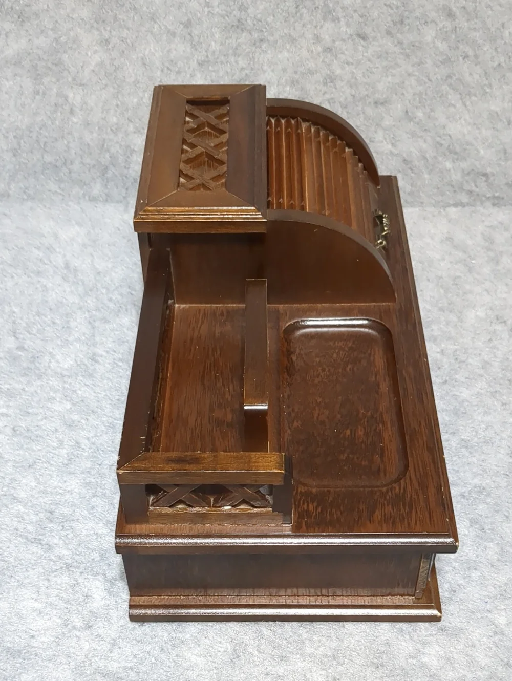 Vintage Wooden Jewelry Box Desk Organizer Roll-Top Velvet Storage Drawer
